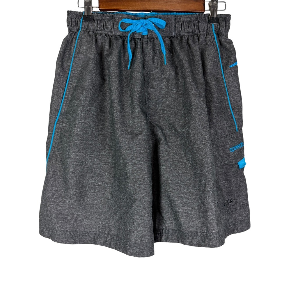 Speedo Men's Small Gray Blue Heathered Swim Trunks Cargo Pocket Mesh Lined